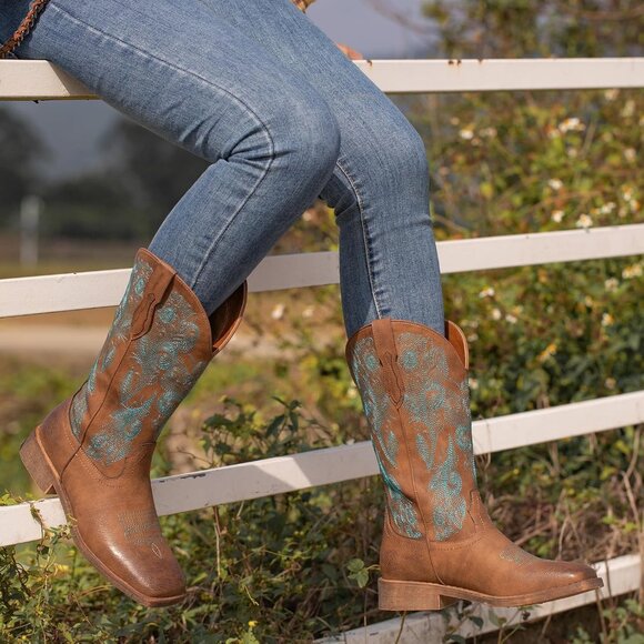 ⚡Women's Dark Brown Square Toe Floral Cowgirl Boots Fashion Western Pull On - Picture 7 of 8